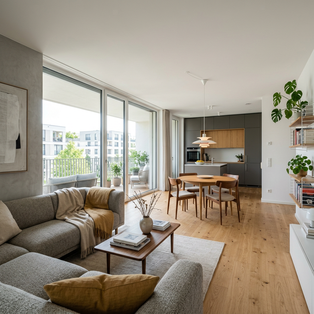 Open-plan modern living room with gray sofas, wooden dining table, and kitchen in background